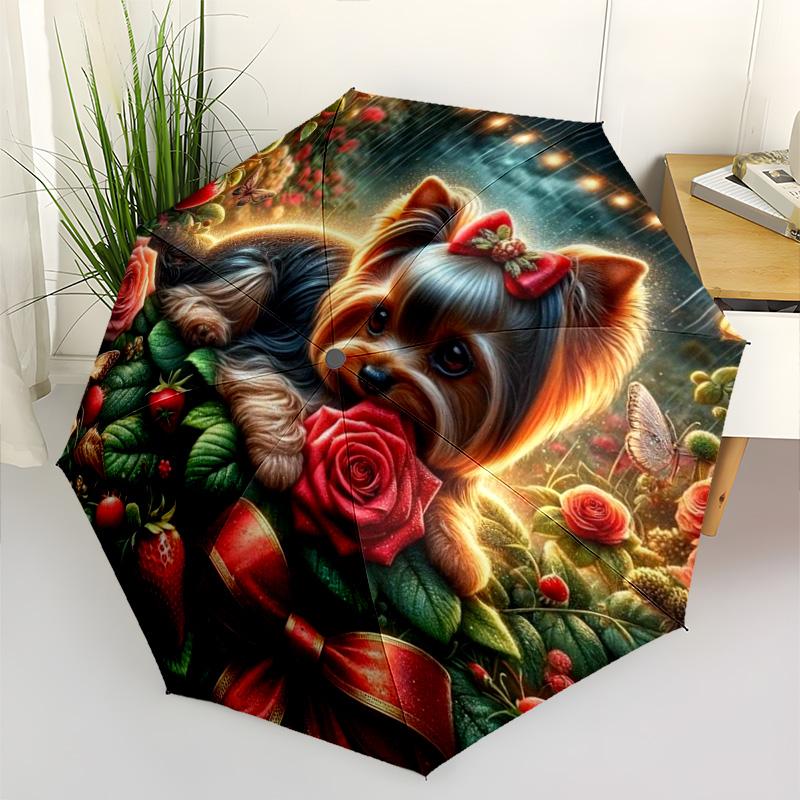 Sleeping Fluffy Puppy Print Folding Umbrella, Blue Starry Sky & Rose Design Compact Sun/Rain Umbrella