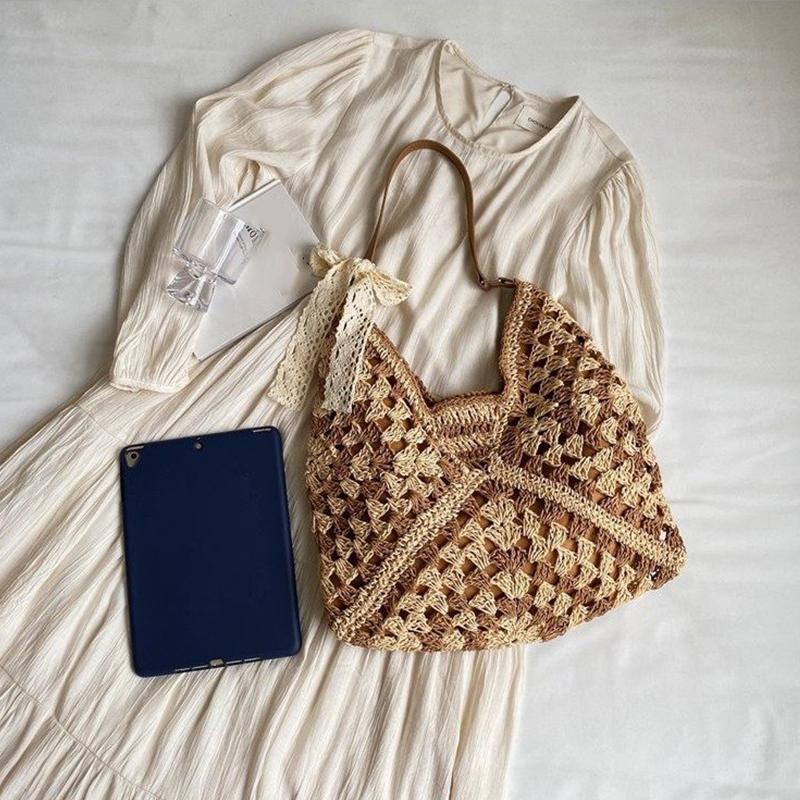 Straw Knitting Bag Hollow Out Tote Bag Beach Shoulder Bag Holiday Travel Handbag Boho Shoulder Purse for Women
