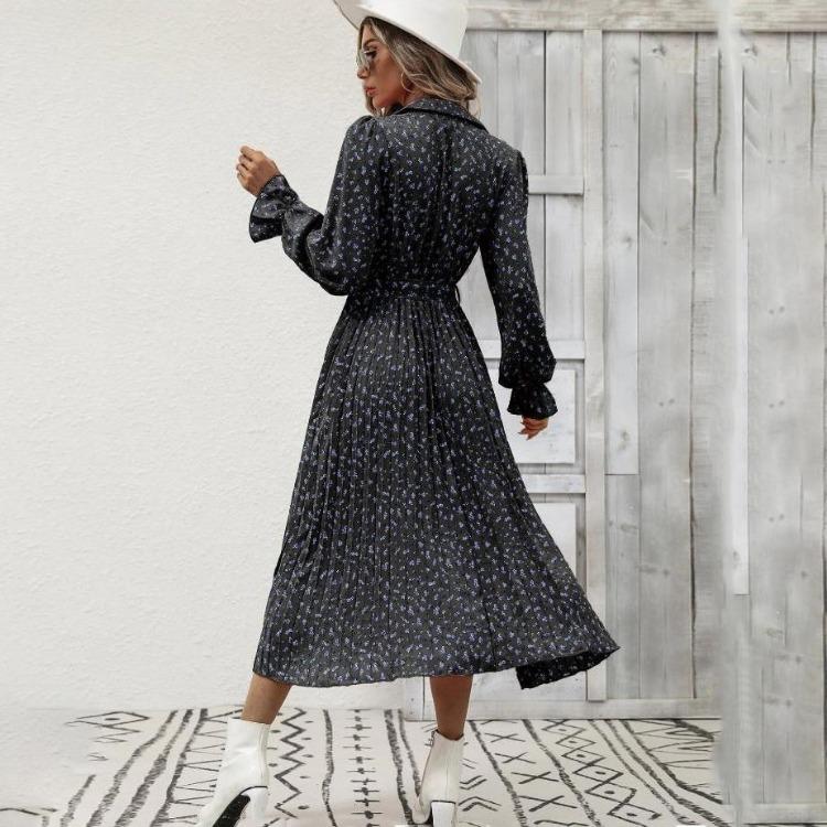 Women Autumn Winter Casual Long Sleeve V-neck Floral Print A-Line High Waist Ankle Length Dress