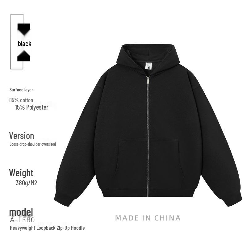 380g Heavyweight Drop Shoulder Casual Zipper Hoodie with Embroidered Lettering and Custom Logo. M