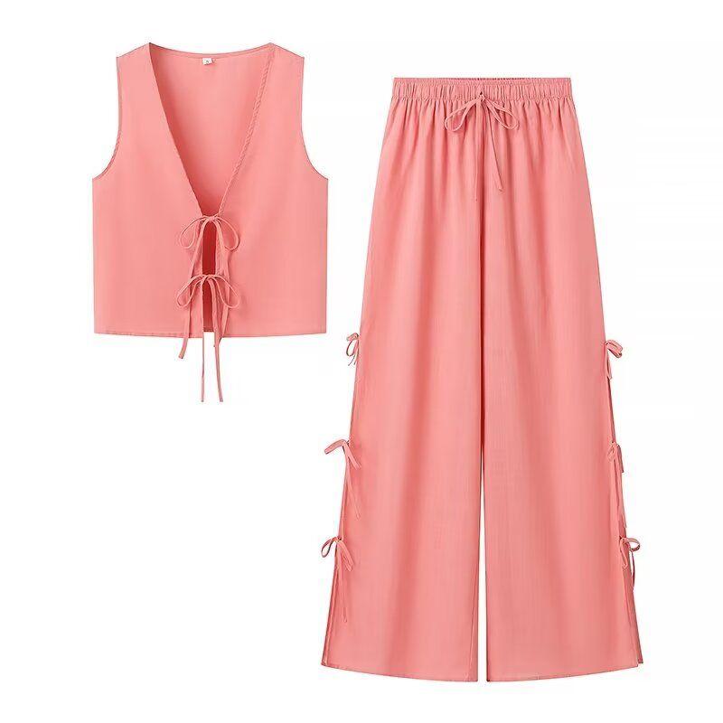 

Kaslead New Arrival Women s Clothing Fashion Style Fashion V Neck Print Shoelace Sleeveless Tops Casual Pants Suit Picture Color L