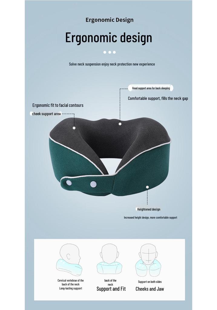 U-Shaped Memory Foam Travel Pillow with Foldable Neck Support, Breathable Design, and Optional Logo Printing.