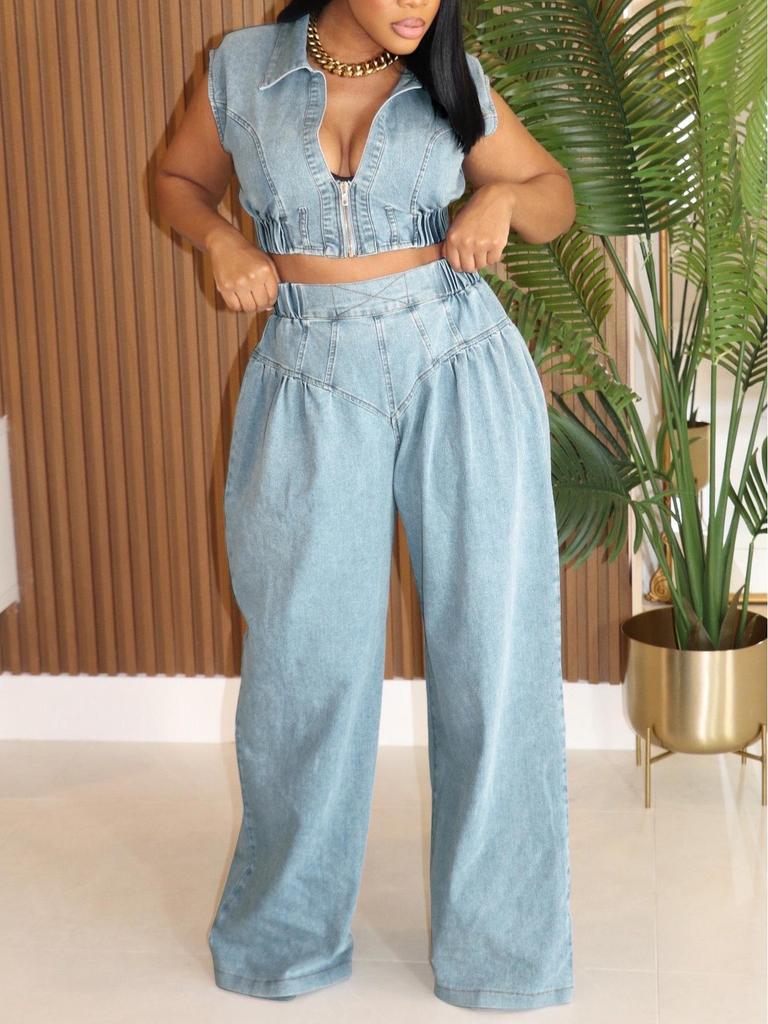 European and American Women's Sleeveless Denim Jeans Two-Piece Suit - Sexy, Loose, Straight Leg Summer Outfit