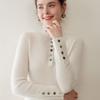 Women's Slim Fit High Neck Pure Cashmere Pullover Sweater with Gold Button Ribbed Design