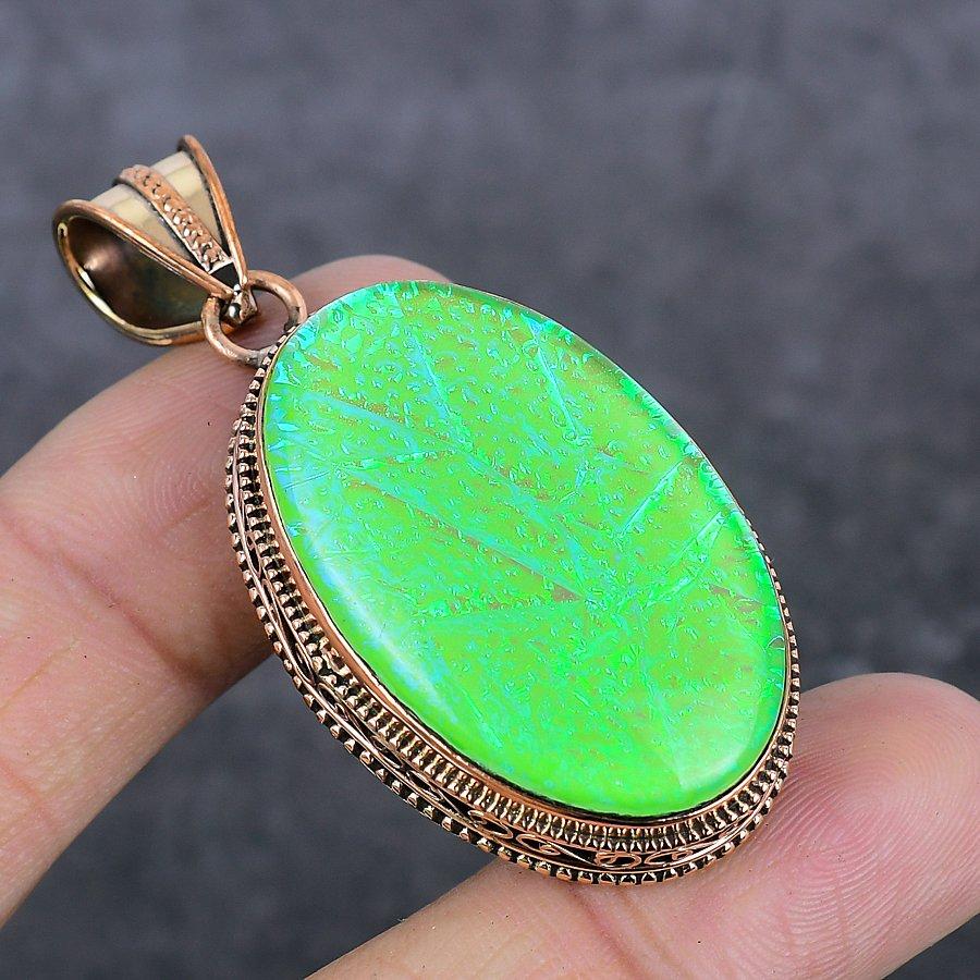 Green Triplet Opal Gemstone Handmade Copper Jewelry Pendant 2.21" t4v41