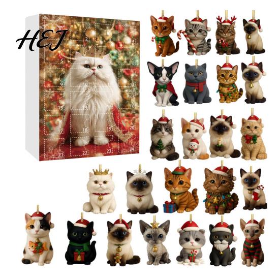 Holiday Countdown Gift Box 24 Day Cat Advent Calendar with Acrylic Christmas Ornaments, 2D Flat Animal Themed Ornaments Hanging Decorations, Xmas Tree