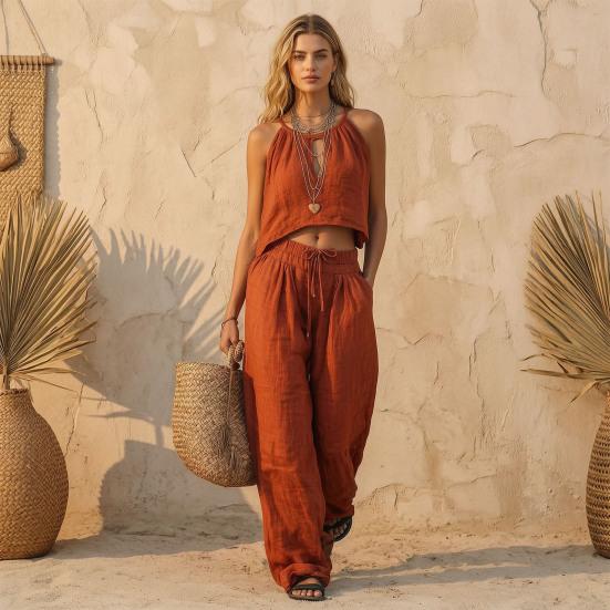 Completi da Donna 2 Pezzi Top Corto Senza Maniche e Pantaloni Lunghi a Gamba Larga Set Coordinati Casual Abbigliamento Estivo per Viaggi Vacanze Relax