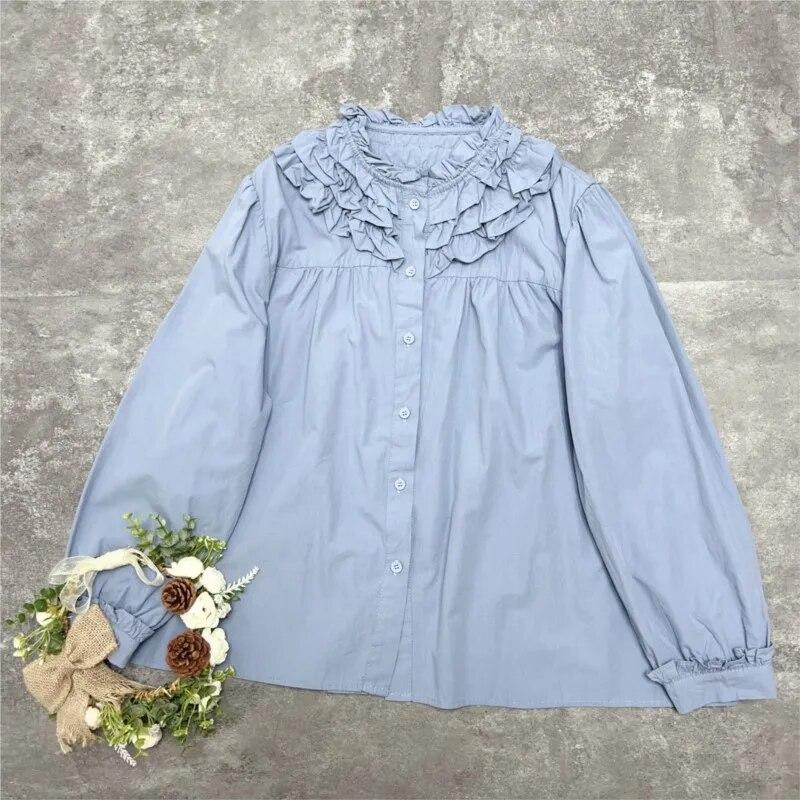 Johnature Japanese Fungus Collared Shirt Mori Women French Long-sleeved Loose Solid Color Casual Vintage Cotton Shirts