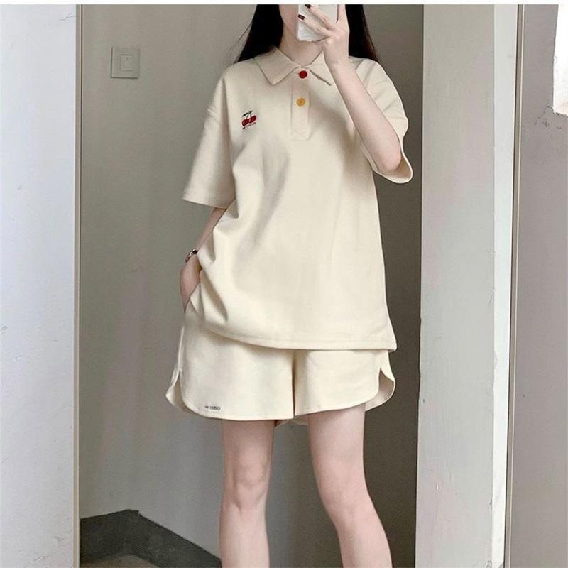 Women 2 Piece Outfits Cherry Embroidery Polo Shirt + Shorts Set Casual Tracksuit