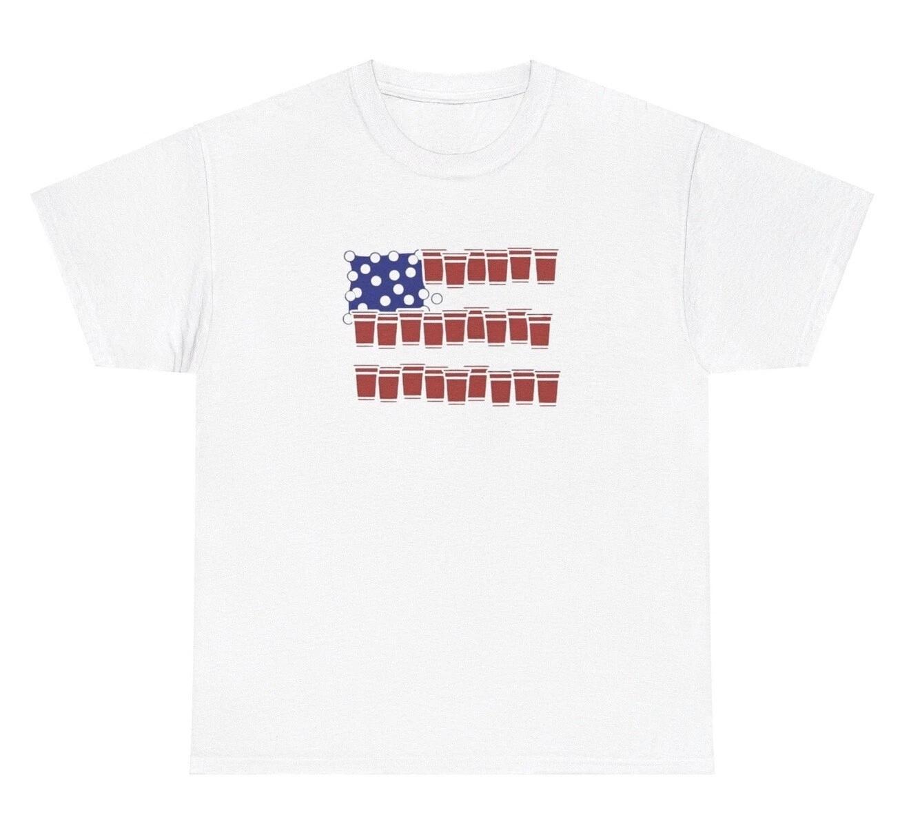 Beer Pong USA Flag T Shirt Funny Alcoholic Day Drinking Patriotic Frat Meme Tee S