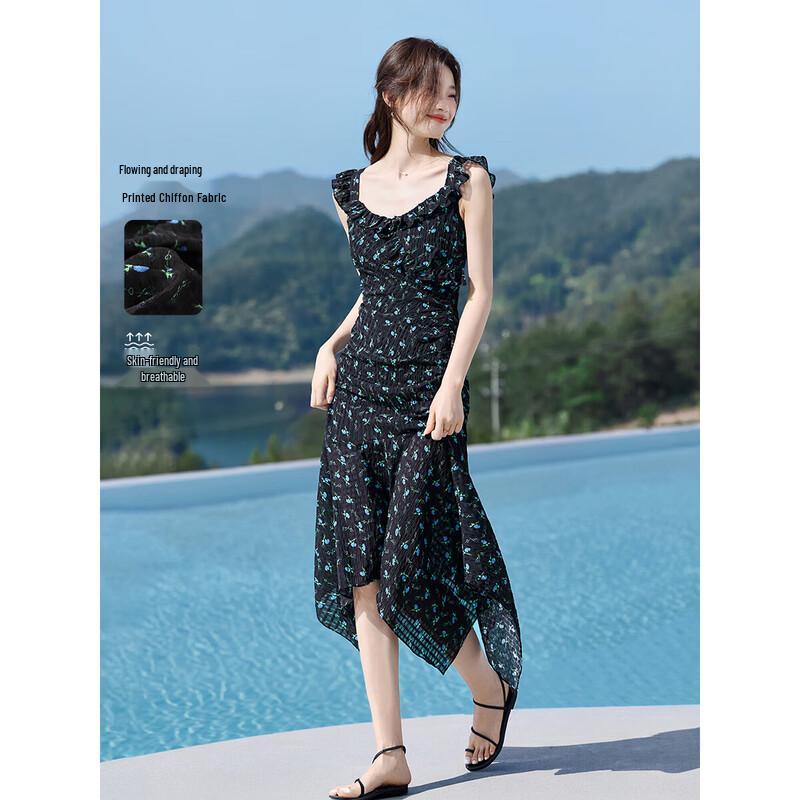 Women s Fresh Resort Style Printed V-Neck A-Line Midi Dress XL