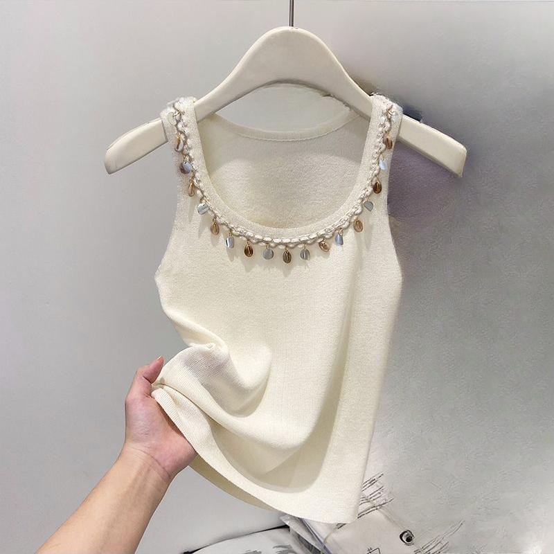 

Шикарные французские топы-майки с бисером для женщин, летняя модная верхняя одежда приталенного силуэта L белый