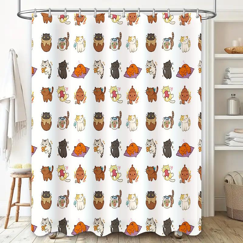 Cute Cat Shower Curtain Waterproof Animal Pattern Bathroom Decor Japanese Style Home Textile Washroom Fabric Hanging