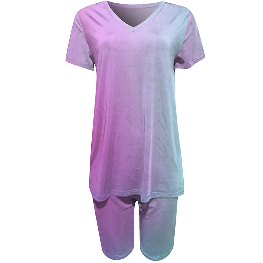 Women's Gradual Change Printing V-Neck Short Sleeve Top And Pants Set