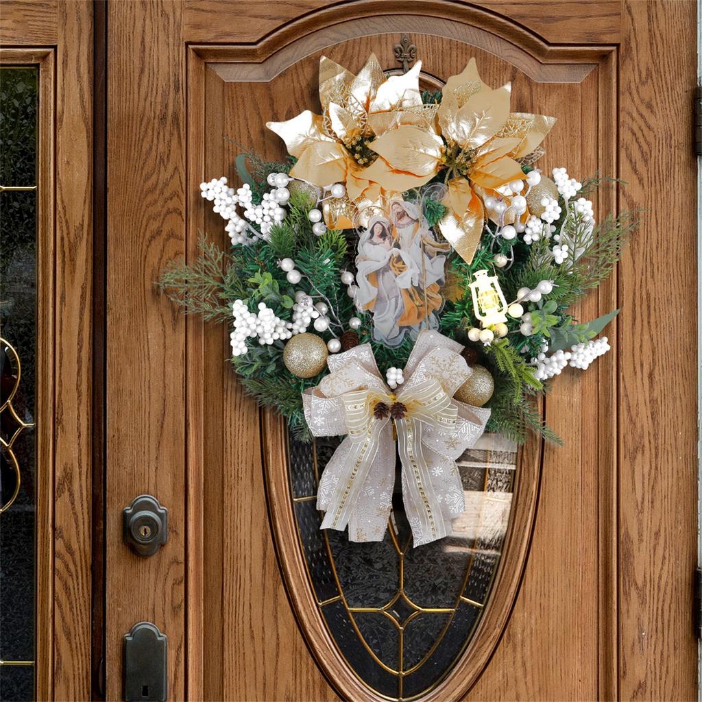Christmas Glowing Golden Oil Lamp Wreath, Door Hanging Christmas Window Christmas Wreath Decorations