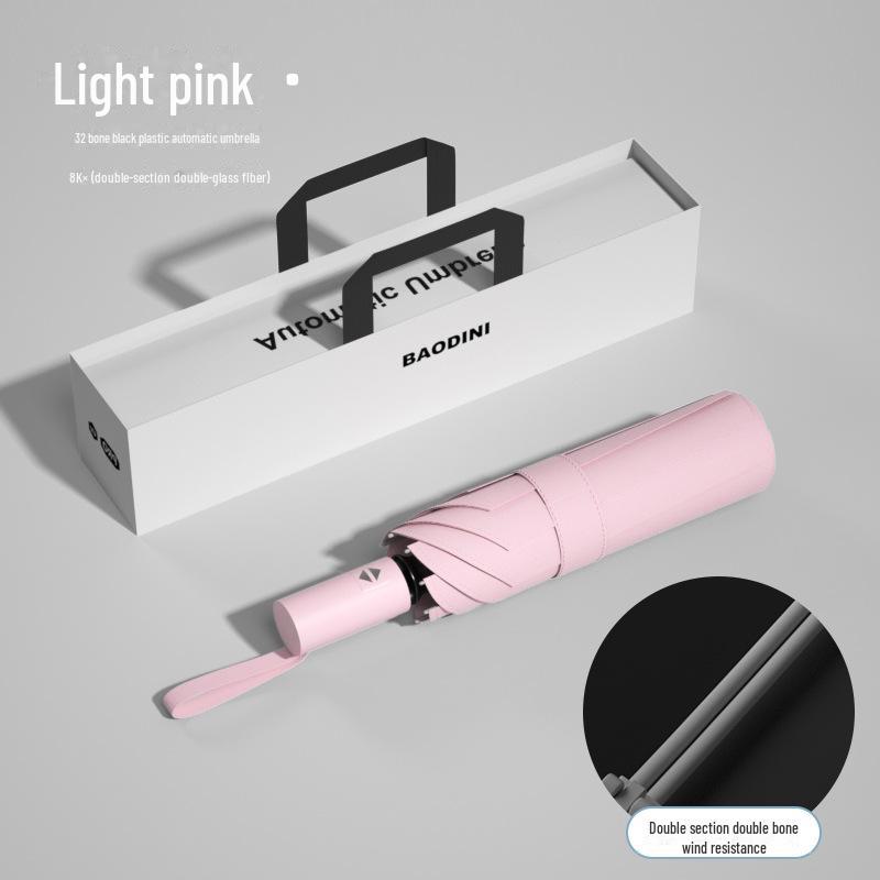 Schwarzer automatischer Sonnen- und Regenschirm mit 32 Knochen – kompakter Sonnenschirm mit doppeltem Verwendungszweck für Damen, ideales Geschäftsgeschenk