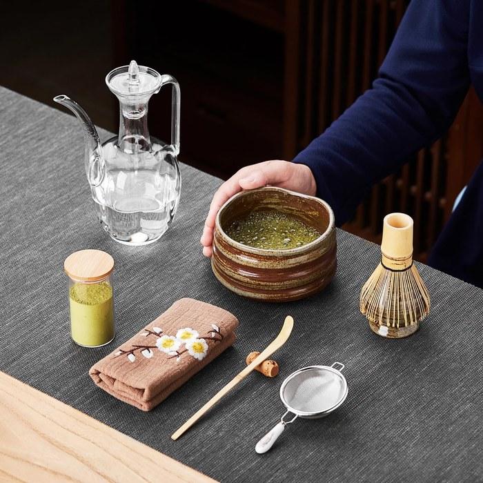 Pokalotea Matcha Tea Set 9-Piece Tea Utensils, Matcha Bowl, Whisk, Scoop, Lid, Sifter, Cloth, Caddy, Glass Teapot. Matcha Powder Sold