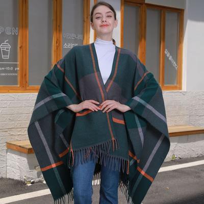 Classic Line Plaid Shawl, New Autumn and Winter Women's Thickened Knitted Cardigan Cape