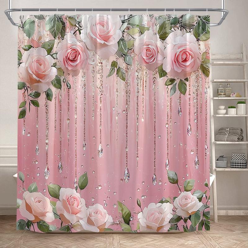 

Розовые Розы Цветочные Шторки для Душа Натуральные Зеленые Растения Цветы День Святого Валентина Занавеска для Ванной Современная Тканевая Декор для Ванной Комнаты с Крючками 180x180cm-70x70in