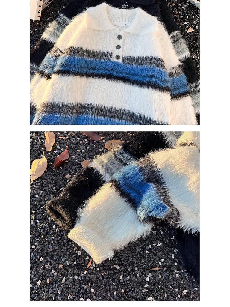 Unisex Striped Polo Collar Sweater - Trendy Autumn/Winter Knitwear for Men & Women