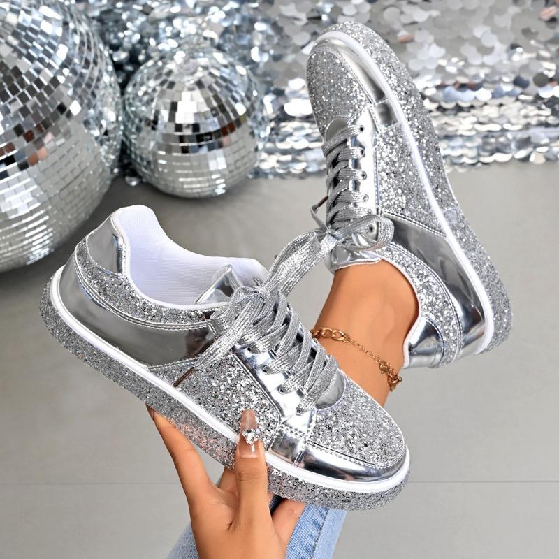 Fashion Fashion Flats Fall New Round Toe Spliced Front Lace-Up Sequin Platform Anti-Slip Wear-Resistant Single Shoes