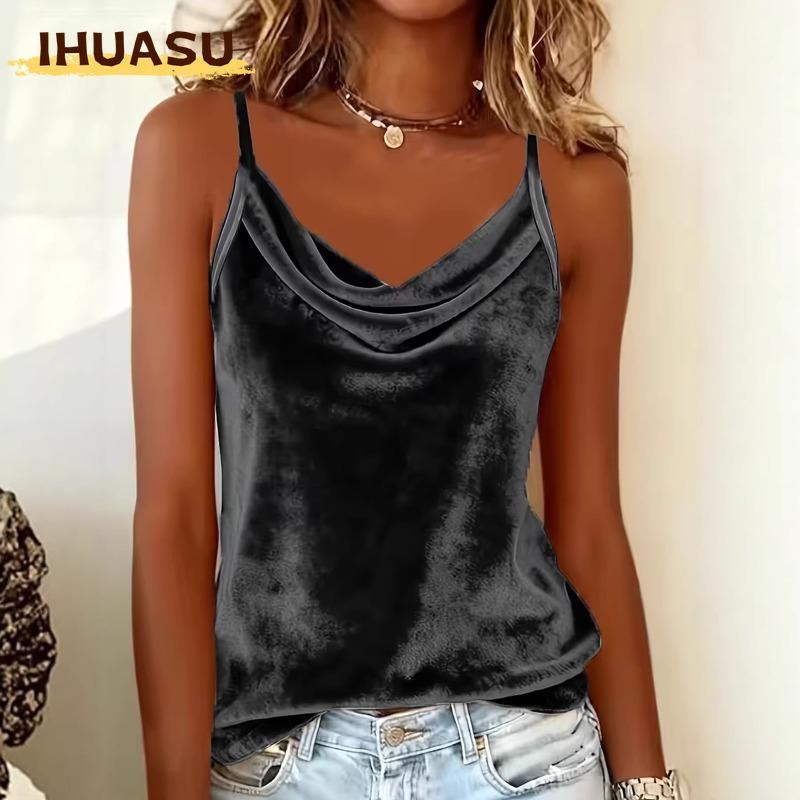 IHUASU Women's Fashion Casual Solid Color Print Sleeveless V-Neck Blouses & Shirts