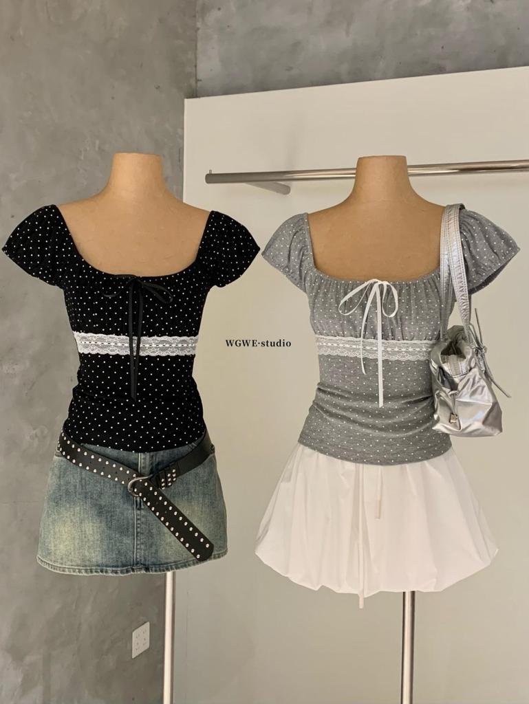 Petite Polka Dot Square Neck T-shirt - Women's Spring/Summer Slim Fit Short Sleeve Top