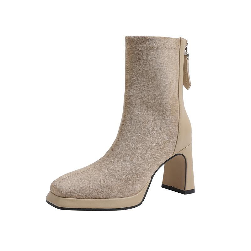 Waterproof Table High Heels Autumn and Winter New Suede Short Boots Thick Heel Thin Boots Black Square Head Short Boots Women