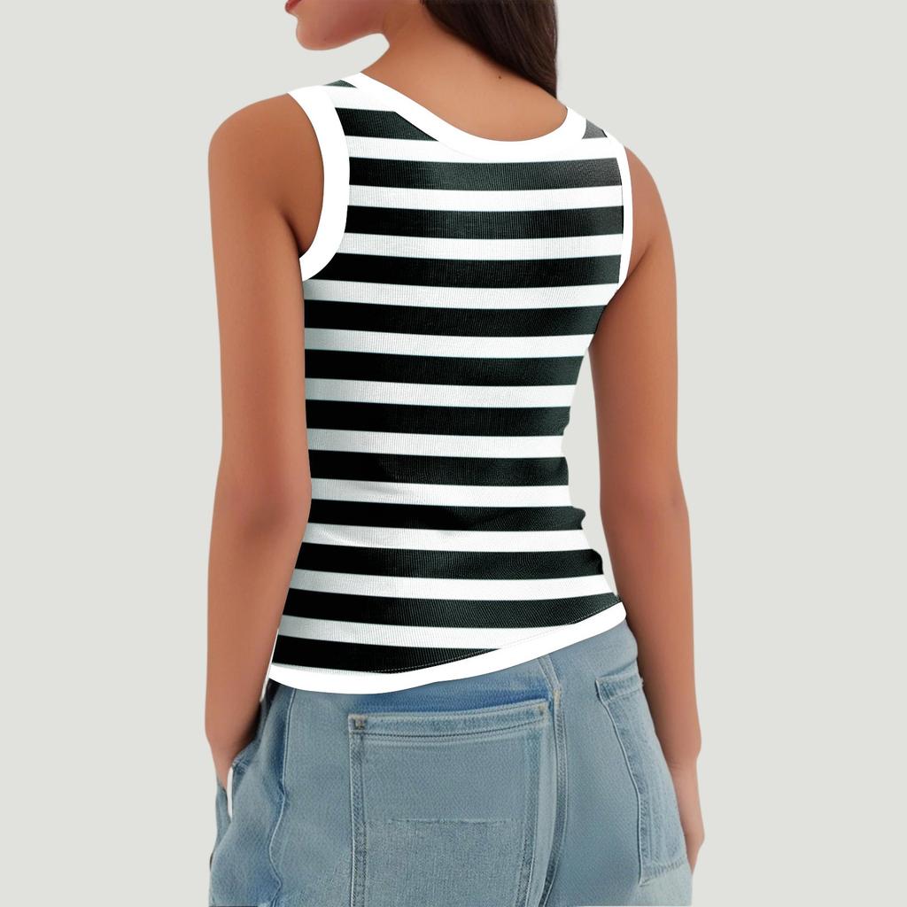 Women's Ribbed Vest Sleeveless Striped Knit U Neck Shirt Summer Casual Tank Top