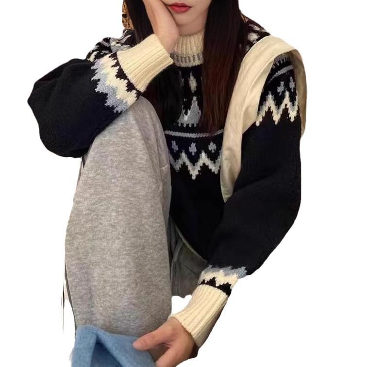 European & American Women's Color Block Round Neck Loose Pullover Sweater