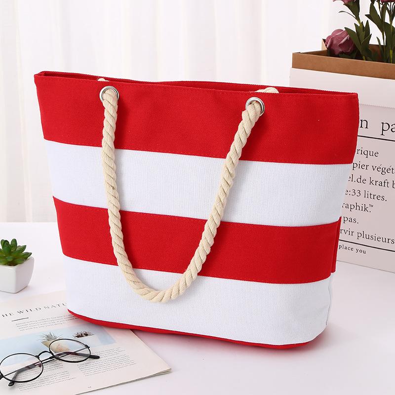 Cotton Rope Portable Canvas Bag Fabric Striped Shoulder Shopping Bag Large Capacity Practical Beach Splicing Shoulder Bag