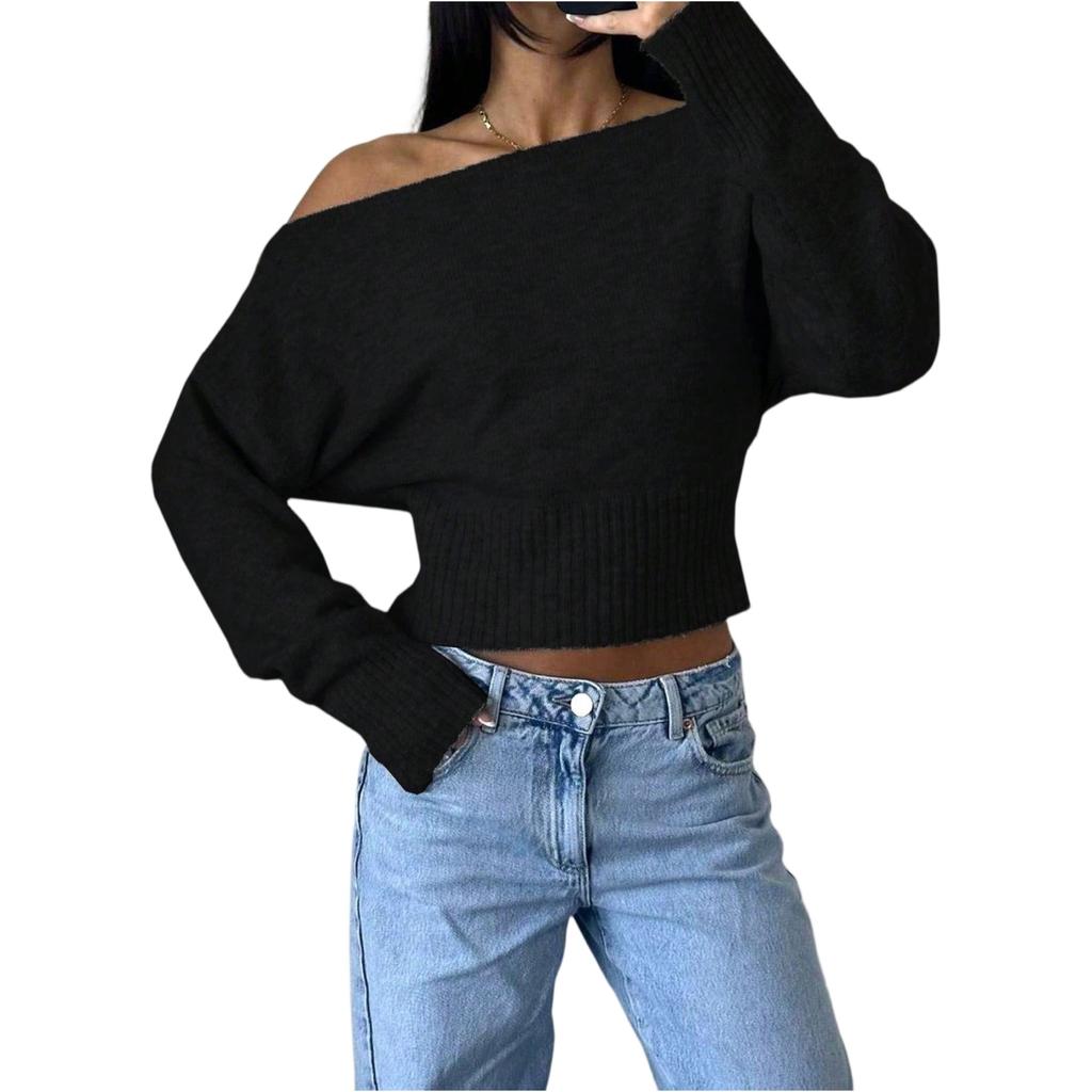 Women's Casual Fashion Off,Shoulder Color Short High,Waisted Slimming Sweater