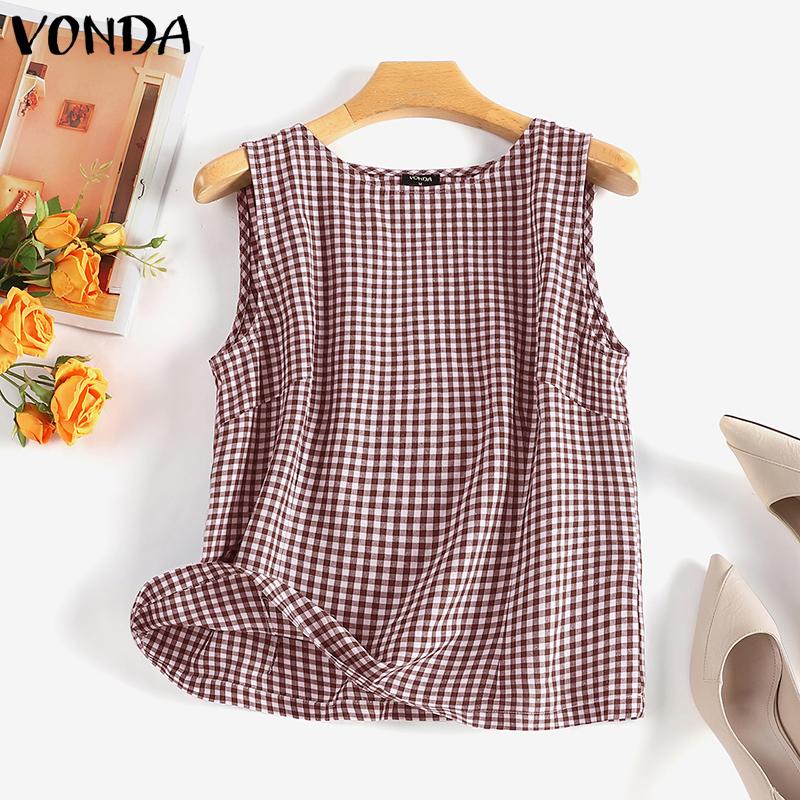 

VONDA Women Summer Round Neck Sleeveless Plaid Blouses S темно-синього кольору