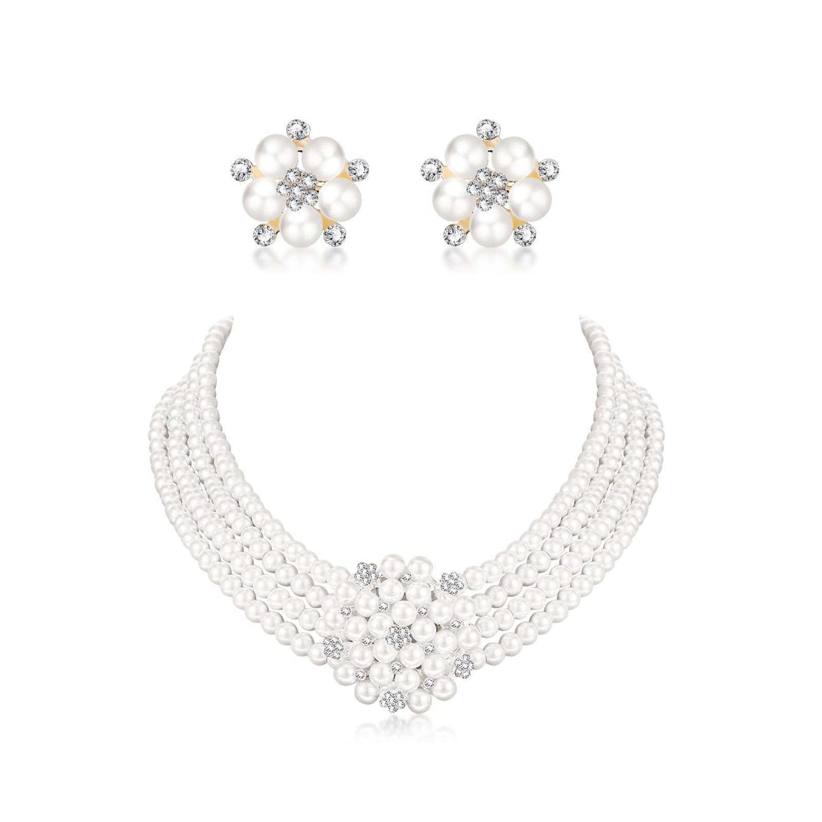 European Retro Rhinestone & Pearl Clover Jewelry Set: Necklace, Earrings, Bracelet for Bridal
