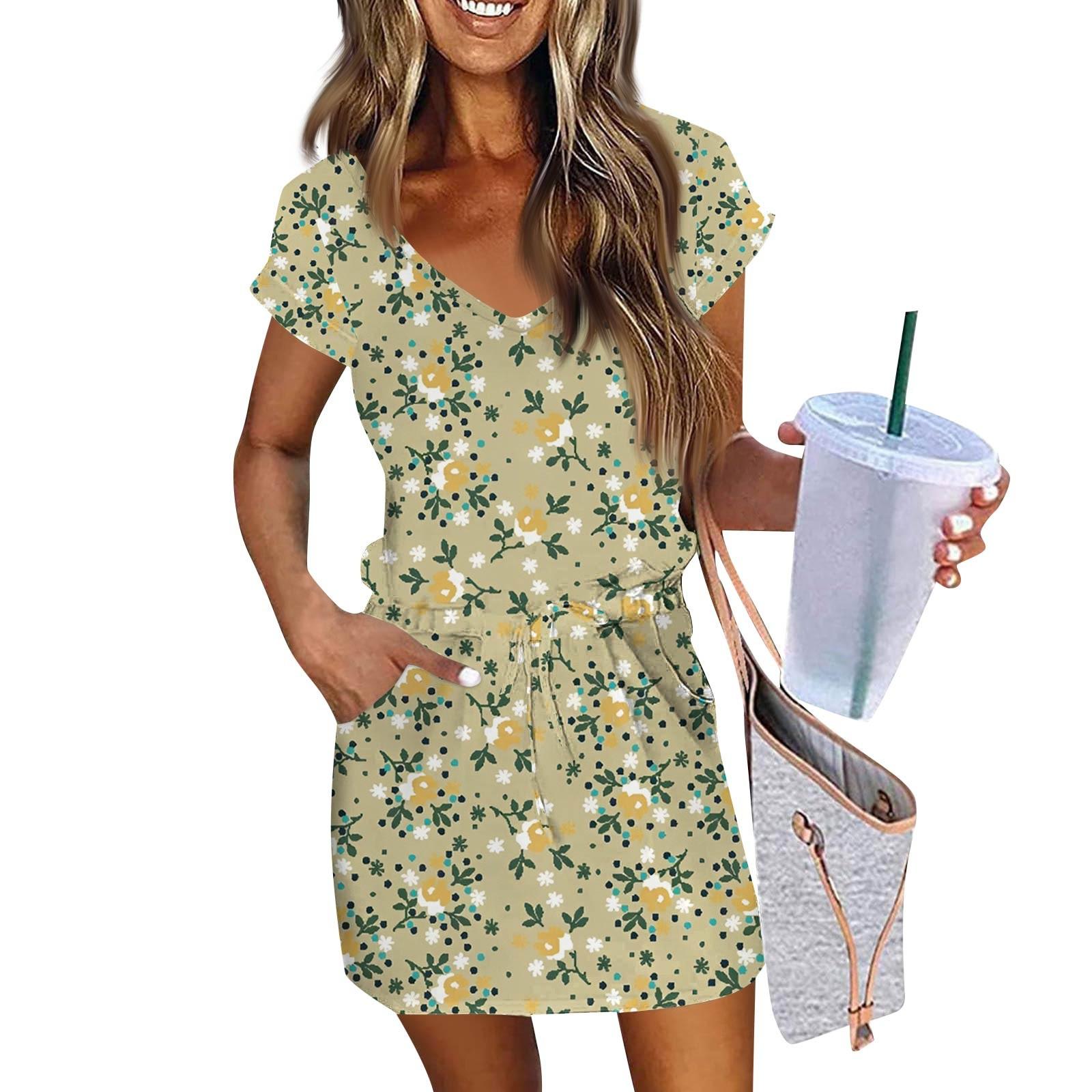 

Женские модные повседневные платья с V-образным вырезом и коротким рукавом, на завязках, с цветочным принтом M хаки