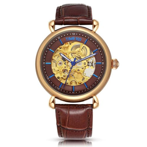 TIME100 Men's Mechanical Watch, Waterproof Skeleton Wristwatch, Easy-to-Read Analog Display, Stylish for Business, Yellow