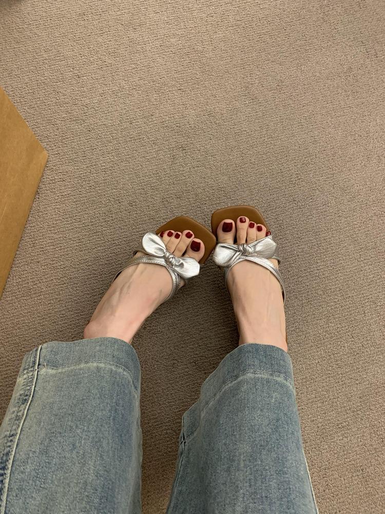 2025 New French Square Head Open-toed One-word Cool Slippers Women Wear Fairy Style Versatile Thick-heeled Slippers In Summer