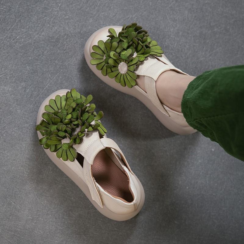 Johnature Ethnic Style Flower Thick Soled Sandals Genuine Leather Versatile Women's Platform Shoes