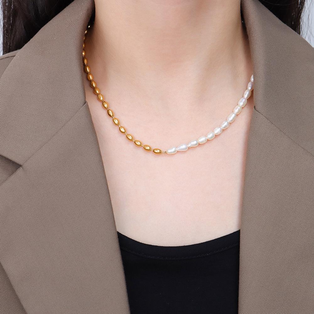 French Retro Ins Minimalist Niche Design, Freshwater Pearl Splicing, Steel Ball Necklace, Pearl Mother Style Accessory