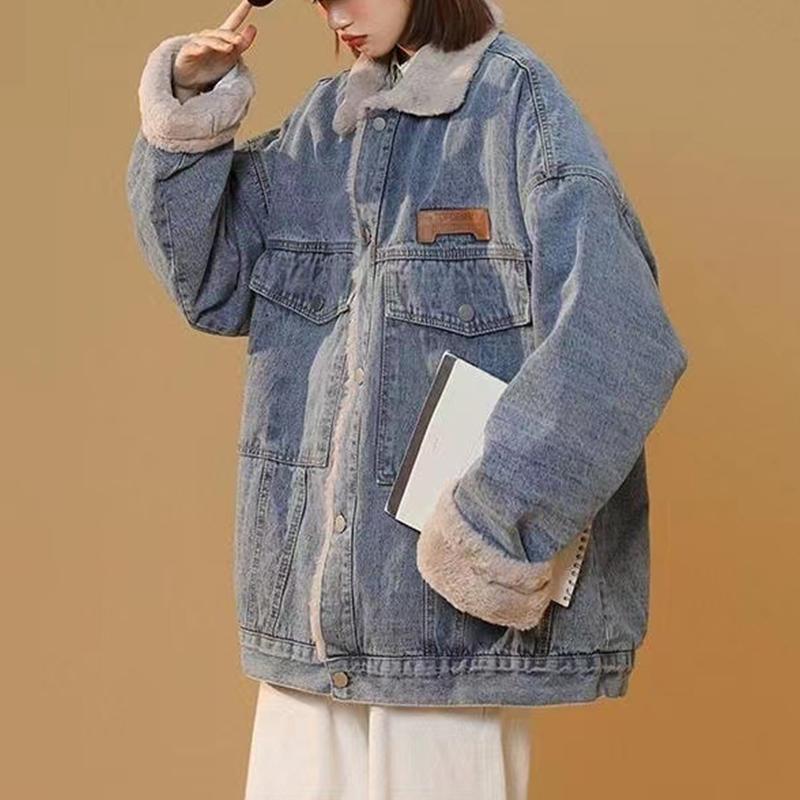 

Жіноча зимова плюшева джинсова куртка, повсякденна тепла бейсбольна куртка з ватною підкладкою XXL синій