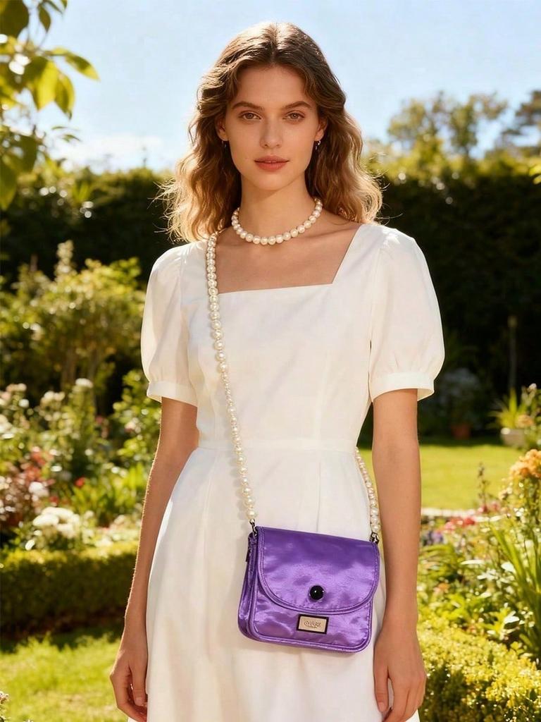 Gucci Purple Square Makeup Bag, DIY Pearl Chain Storage Bag, Fashionable Shoulder Bag