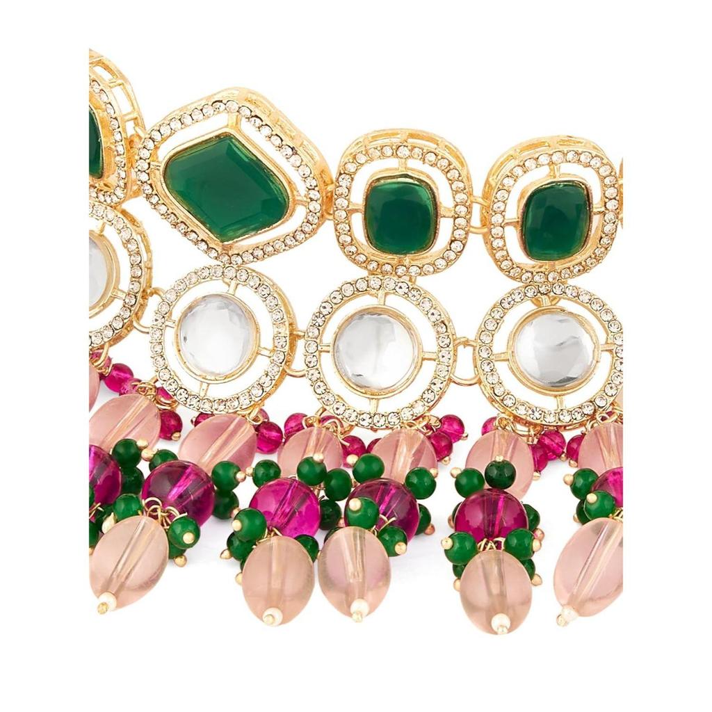 Pink Green Stones Beads Austrian Diamonds Choker Necklace Earring & Maangtikka Set For Women