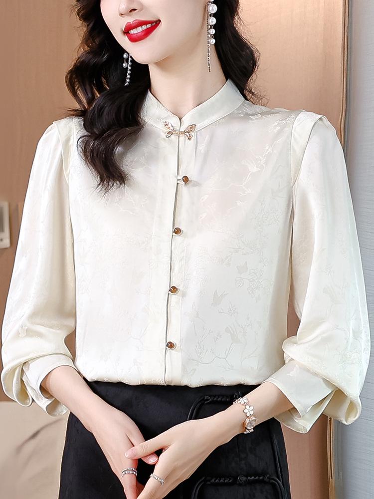 

2024 Осень/Зима Женская блузка из жаккардового атласа с воротником-стойкой и длинными рукавами L слоновая кость