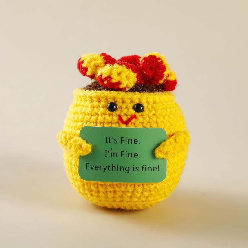 Handmade Crochet Emotional Support Dumpster Fire Doll With Positive Card Funny Knitted Dumpster Desktop Ornaments Christmas Gift