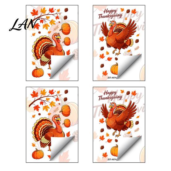 Thanksgiving Glass Clings Static Window Clings, Cartoon Double Turkey Pumpkin Maple Leaf No?Glue Creative Gifts Decals, Waterproof Stickers for Home