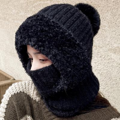 Multi Functional Knitted Plush Warm Hat for Women Autumn Winter Outdoor Cycling Cold Proof Hat Scarf Integrated Pullover Hat