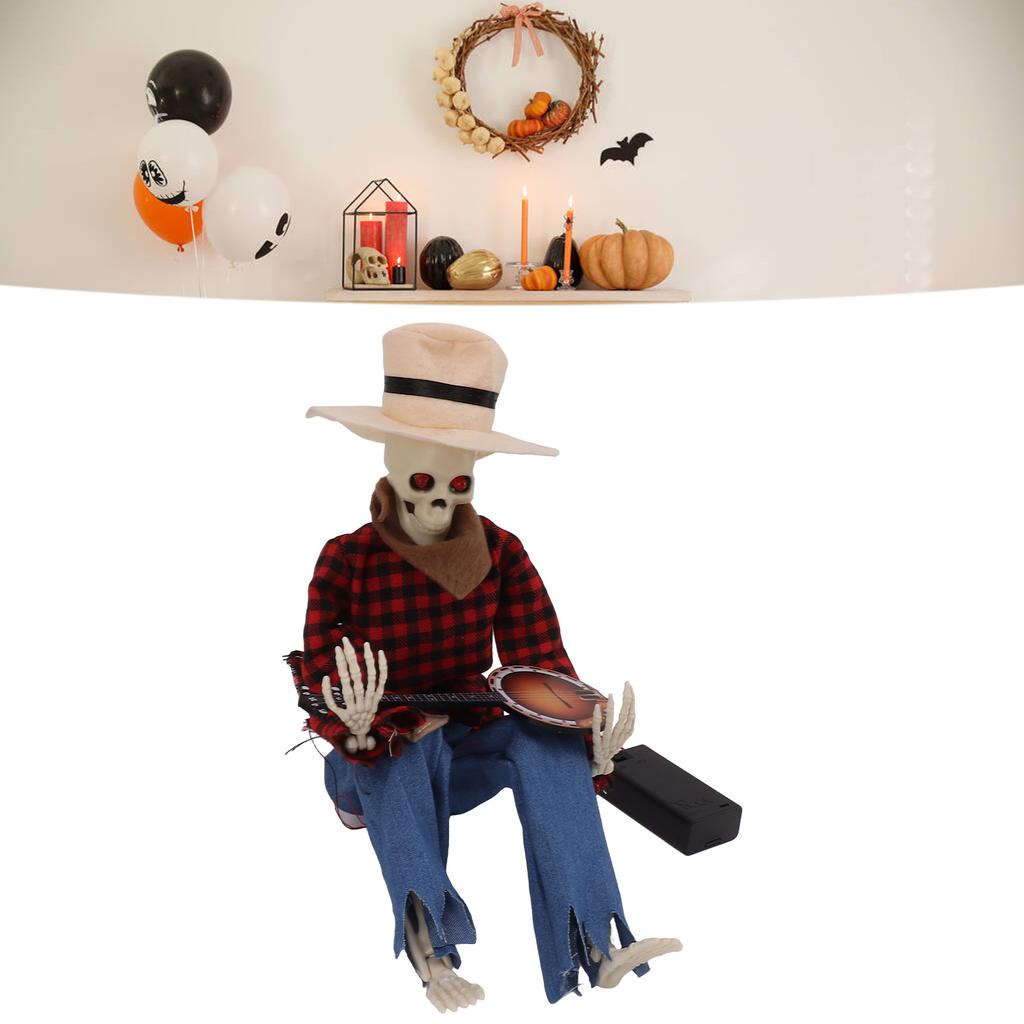 Halloween Cowboy Skull Statue Luminous Eyeball Simulation Halloween Cowboy Skeletons Ornaments for Desktop Decoration
