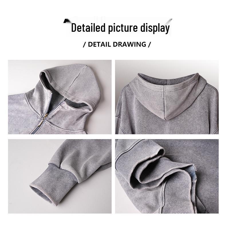 European Style 350g Cotton Hooded Distressed Zip-Up Cardigan - Unisex Trendy Jacket