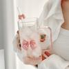 Square Shape Transparent Cup Water Bottle with Lids and Straws Clear Glass Cups with Handle Bow Knot Glasses Tumbler for Office