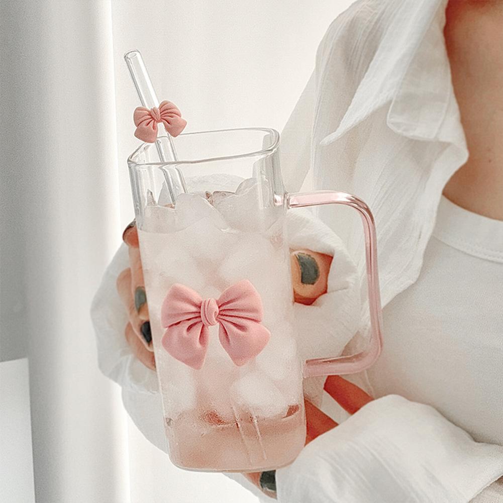 Square Shape Transparent Cup Water Bottle with Lids and Straws Clear Glass Cups with Handle Bow Knot Glasses Tumbler for Office